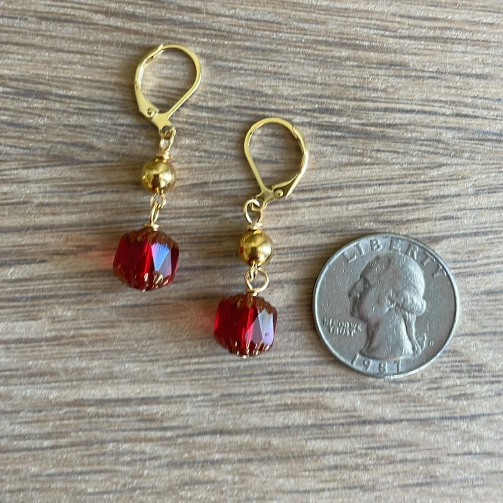 HAND CRAFTED PIERCED EARRINGS Red Cathedral Beads Gold Beads Approximately 1.5”